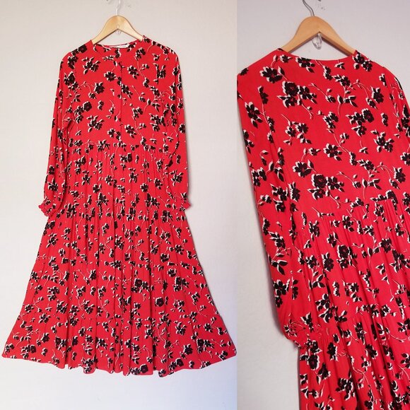 ZARA Angel Floral Tiered Midi Maxi Dress S Red Blogger Favorite Colorful Flowy - Picture 13 of 16